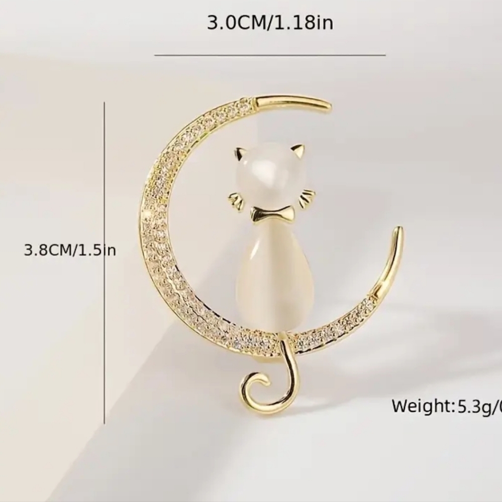 Elegant Cat and Moon Brooch with Rhinestones, Zinc Alloy - Picture 2 of 2